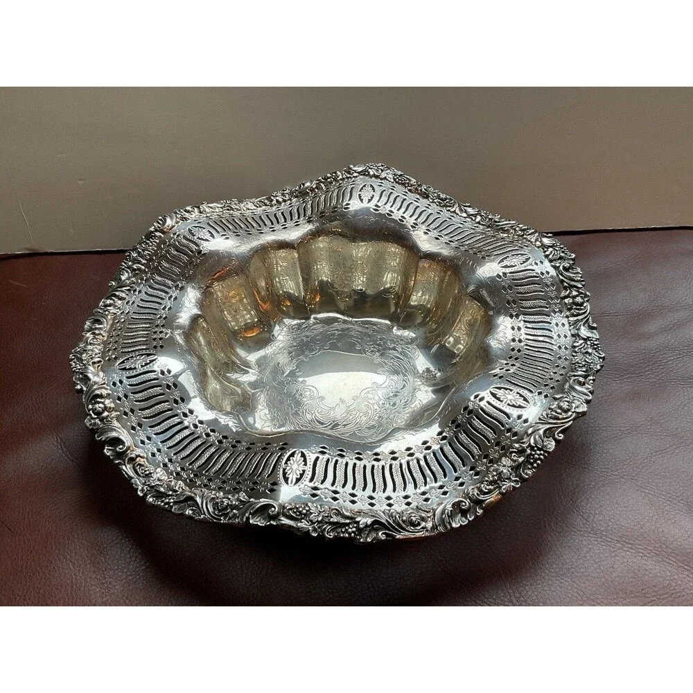 Silverplate Serving Bowl Ruffled Pierced Edge EG Webster & Sons 13.5” Ornate